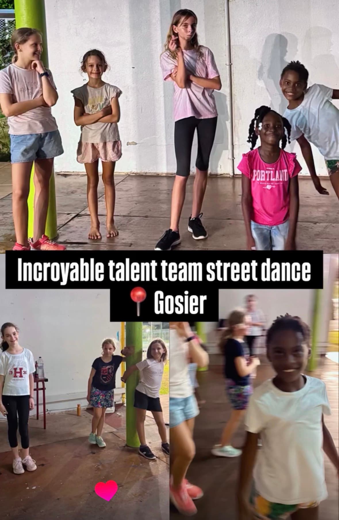 Groupe de jeunes filles d'une équipe de street dance posant joyeusement à Gosier.